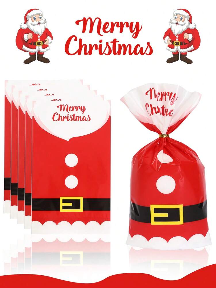 50pcs Christmas Cellophane Treat Bags with Twist Ties, Transparent Santa Claus Candy & Cookie Packaging Bags for Bakeries, Popcorn & Holiday Treats