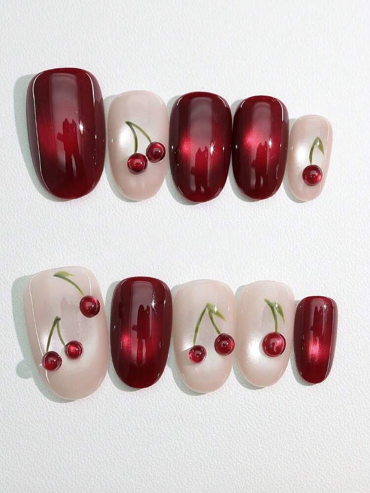 10pcs Handmade Cherry Cat Eye Press On Nails, Glossy 3D Bright Design, Niche Style Acrylic Nail Set For Women Daily Or Party Wear