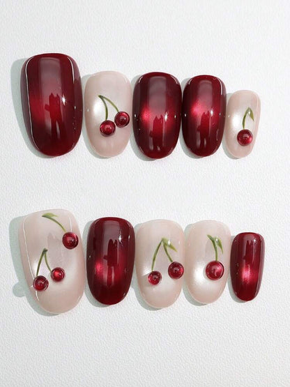 10pcs Handmade Cherry Cat Eye Press On Nails, Glossy 3D Bright Design, Niche Style Acrylic Nail Set For Women Daily Or Party Wear