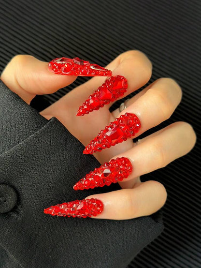 10pcs Long Stiletto Press On Nails, Red Rhinestone Glitter Nail Tips, Handmade 3D Shiny Acrylic Nails For Women Party Or DIY Manicure