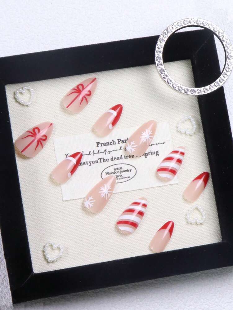 Christmas Long Almond Press On Nails 24pcs, Red French Tips With White Snowflakes And Santa Hat Design, Acrylic False Nails Set For Holiday Or Party