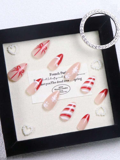 Christmas Long Almond Press On Nails 24pcs, Red French Tips With White Snowflakes And Santa Hat Design, Acrylic False Nails Set For Holiday Or Party