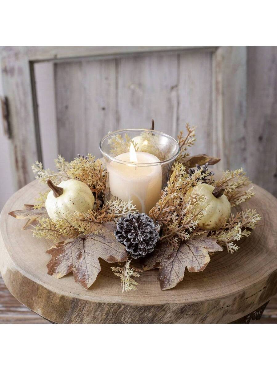 Christmas Candle Ring Holder with Red Flowers, Gold Berries & Greenery, Holiday Table Centerpiece