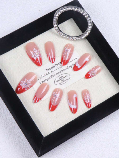 Christmas Long Almond Press On Nails 24pcs, Red French Tips With White Snowflakes And Santa Hat Design, Acrylic False Nails Set For Holiday Or Party