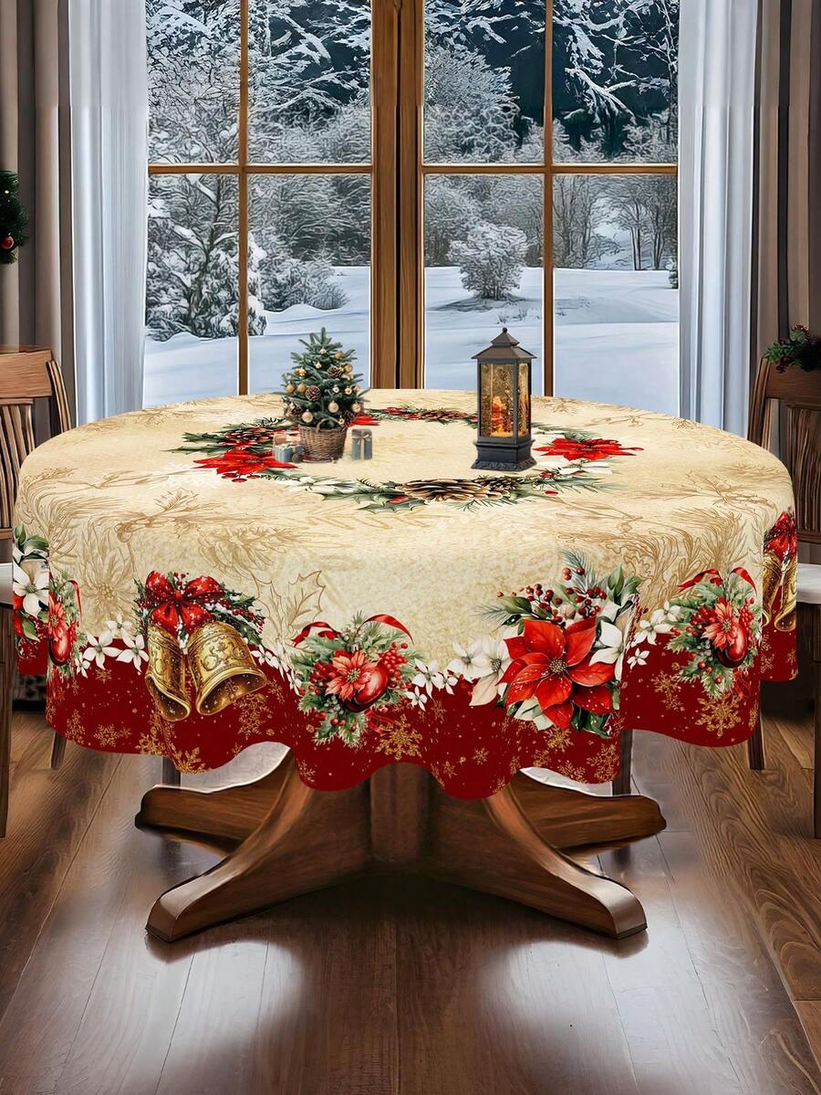 Festive Christmas Tablecloth with Snowman & Reindeer Wreath Design, Polyester Winter Table Cover for Dining Room & Kitchen Holiday Decor