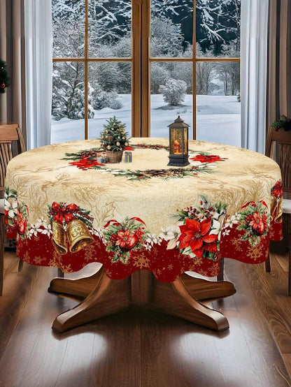 Festive Christmas Tablecloth with Snowman & Reindeer Wreath Design, Polyester Winter Table Cover for Dining Room & Kitchen Holiday Decor