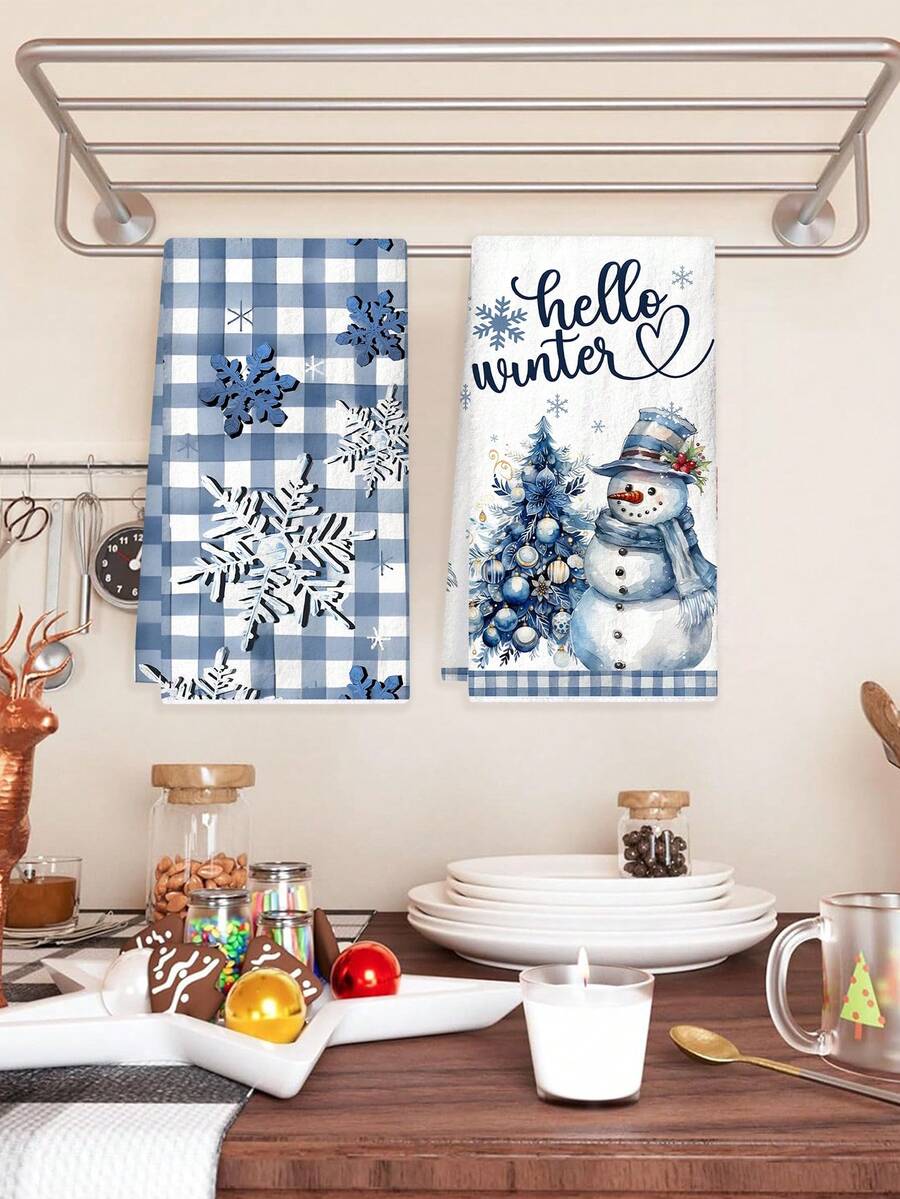 2pcs Christmas Gnome Hand Towels, Red & Black Plaid Microfiber Kitchen & Bathroom Towels, Soft Absorbent Holiday Home Decor