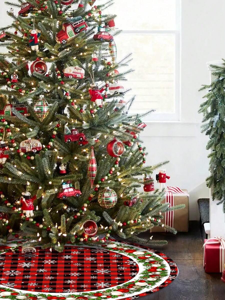 Red & Black Plaid Christmas Tree Skirt, Snowflake Pattern Round Tree Mat, Soft Decorative Base Cover for Living Room & Winter Holiday Home Decor