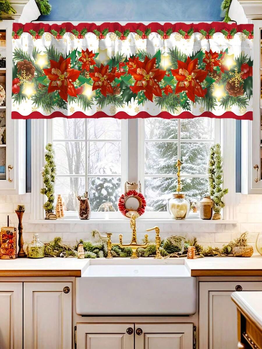 Santa Claus & Snowman Christmas Curtain Valance, 1–2 Piece Polyester Window Decor with Rod Pocket for Kitchen, Living Room or Bedroom
