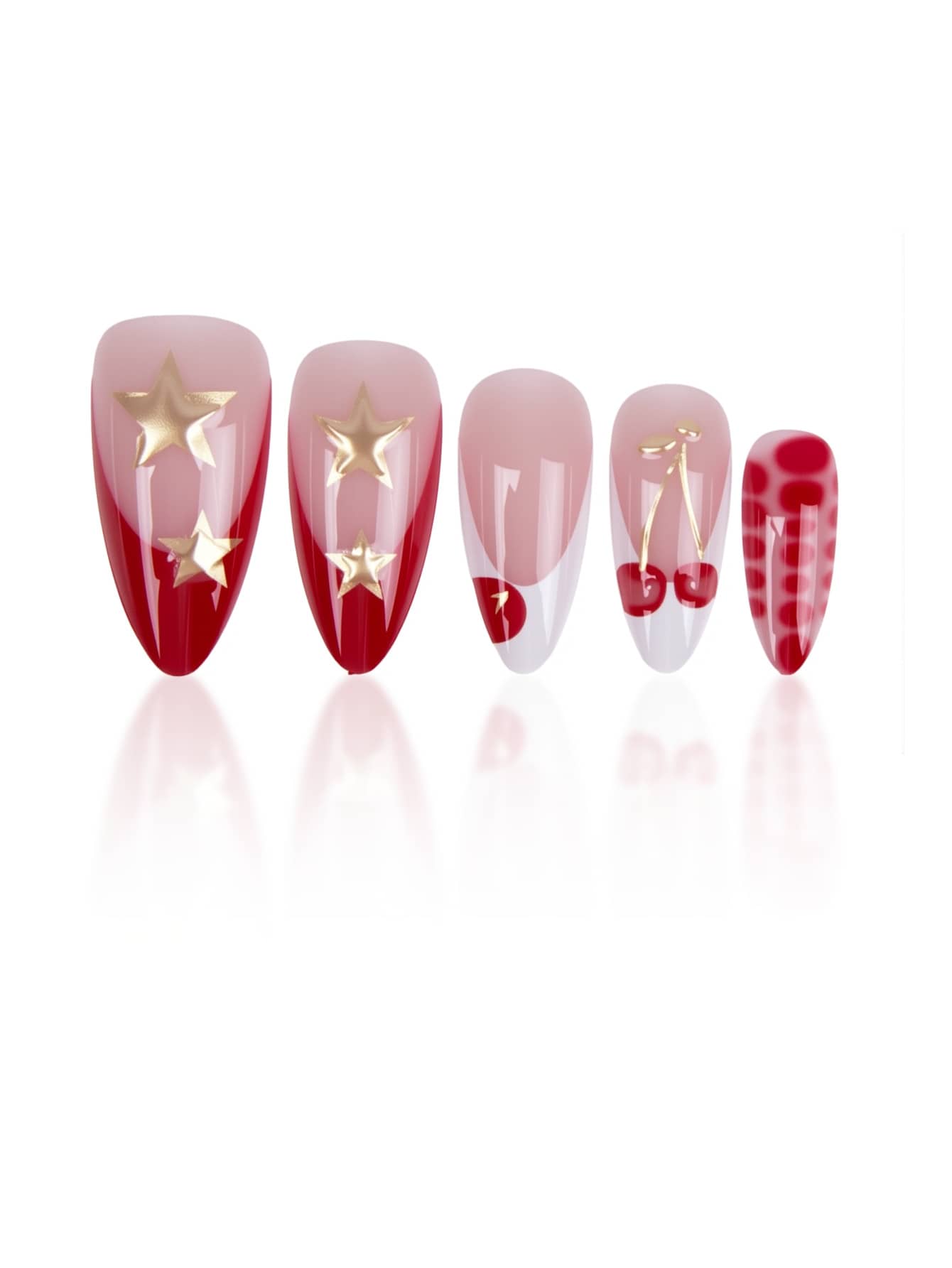 24pcs Long Stiletto French Press On Nails, White Red Cherry Pattern With 3D Bow And Pearl Decor, Romantic Bling Nail Set For Party Look