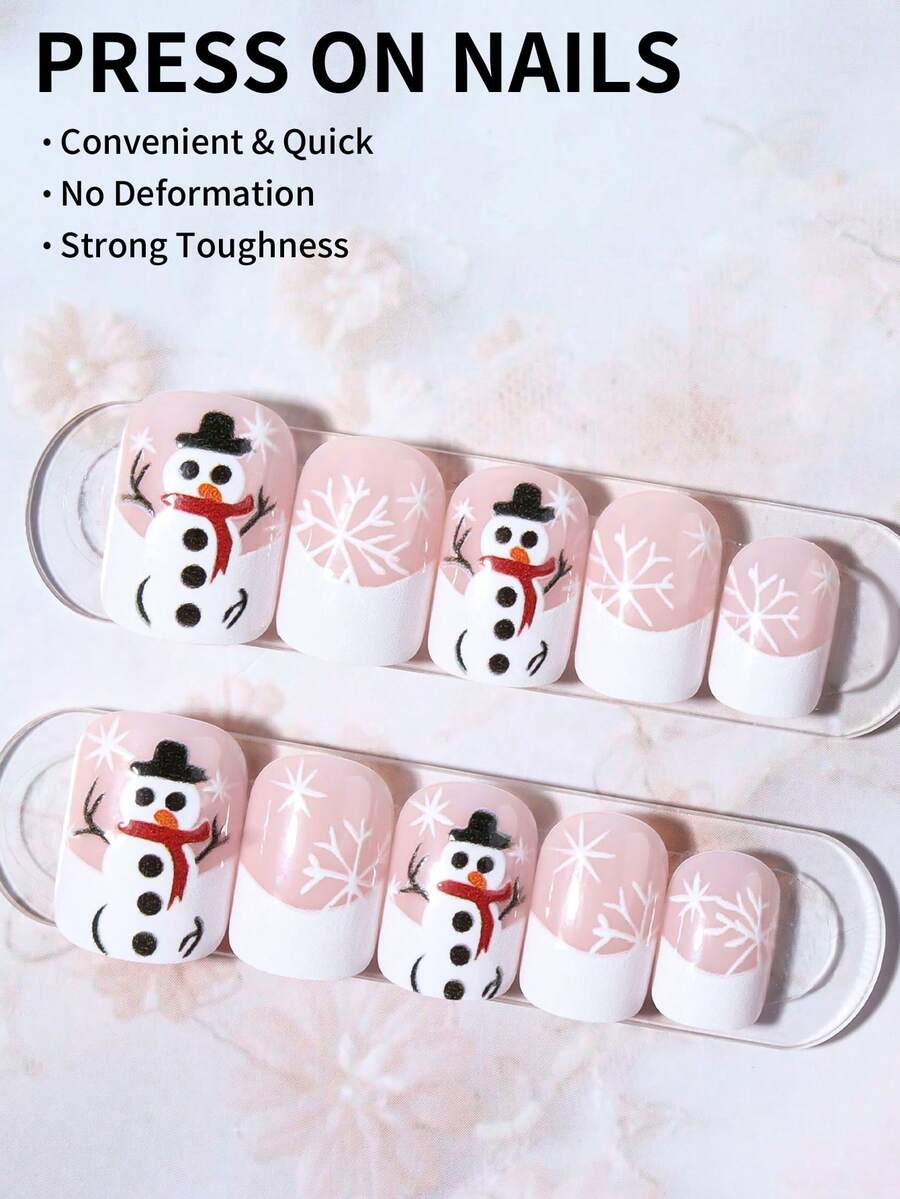24pcs Christmas Press-On Nails, Short Square Snowman Design with Glitter French Tips, Acrylic False Nail Set with Jelly Glue & File for Holiday Wear