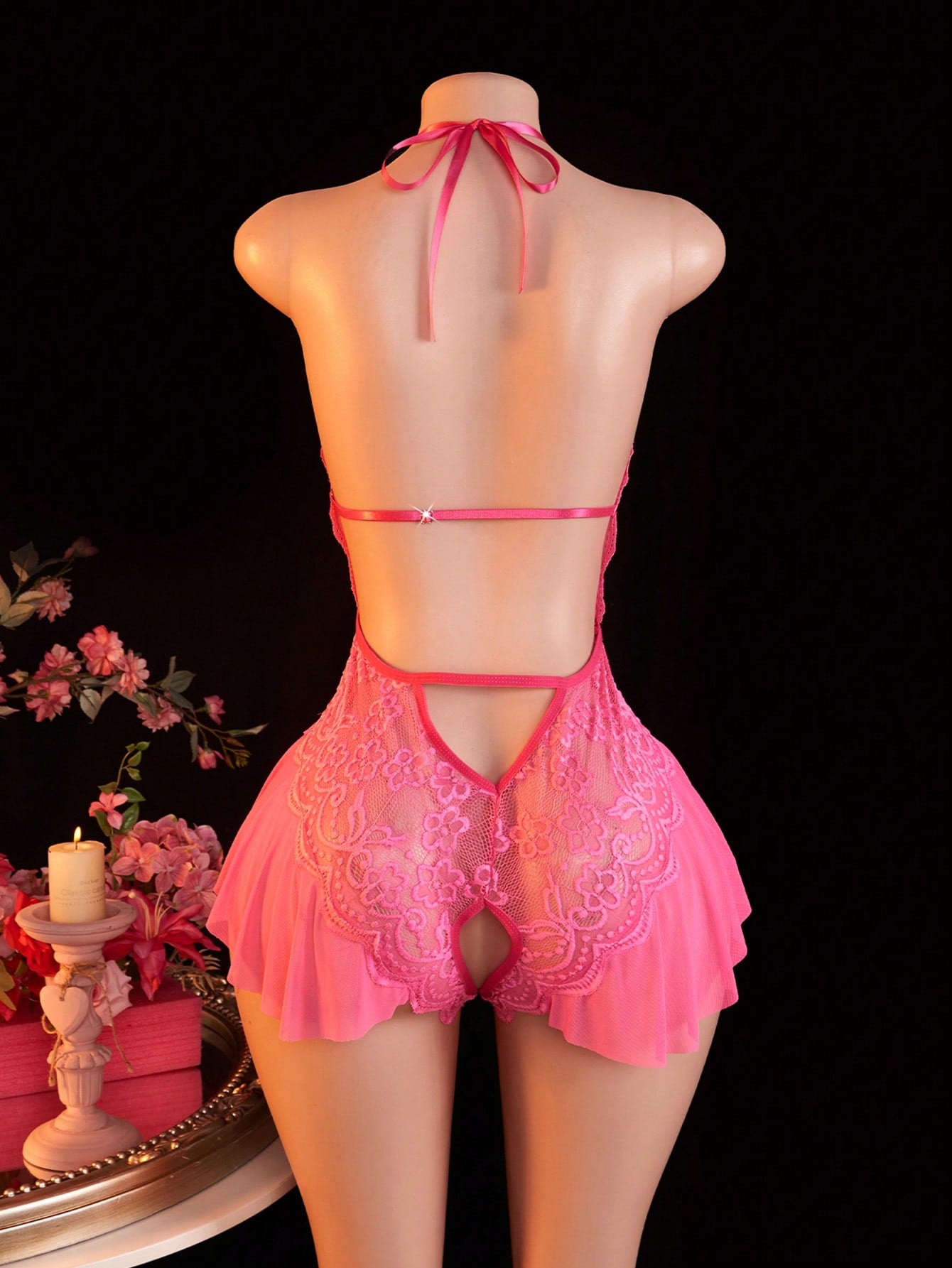 Women's Open Crotch Lace Decorated Backless Halter Neck Sexy Bodysuit With Ruffle Trim, Rave, Baddie Look