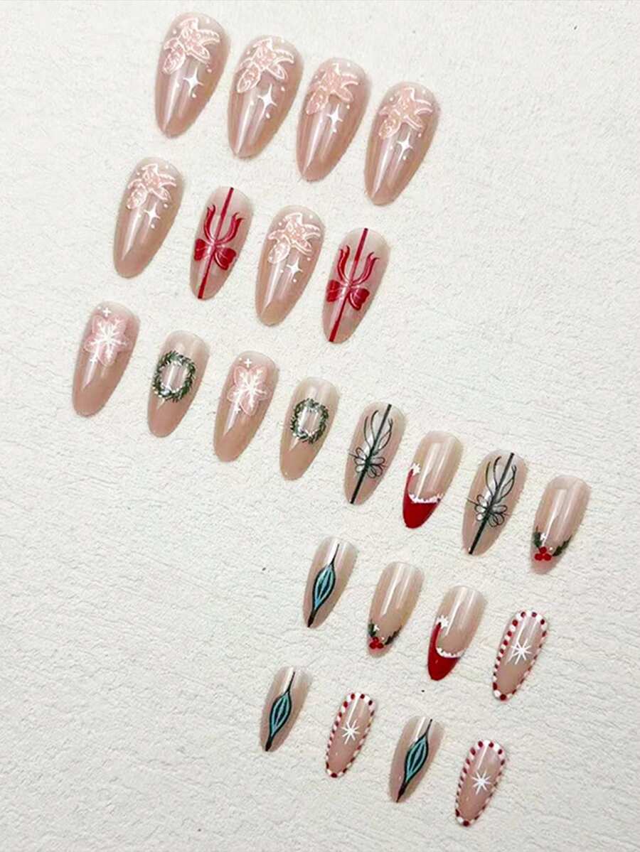 24pcs Almond Christmas Press On Nails, Red Santa Hat Short False Nails, Holiday Nail Set For Women, Office, Date, Party & Everyday Wear