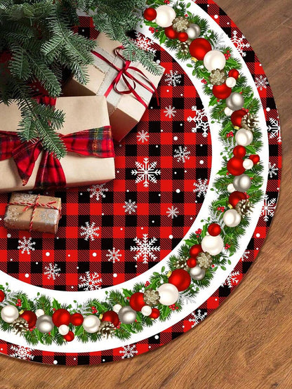 Red & Black Plaid Christmas Tree Skirt, Snowflake Pattern Round Tree Mat, Soft Decorative Base Cover for Living Room & Winter Holiday Home Decor