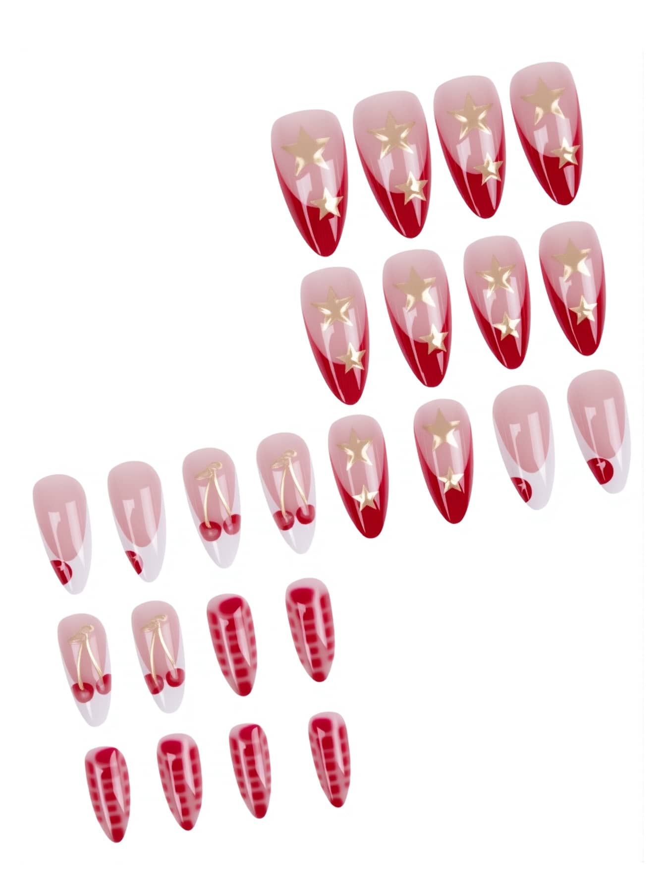 24pcs Long Stiletto French Press On Nails, White Red Cherry Pattern With 3D Bow And Pearl Decor, Romantic Bling Nail Set For Party Look