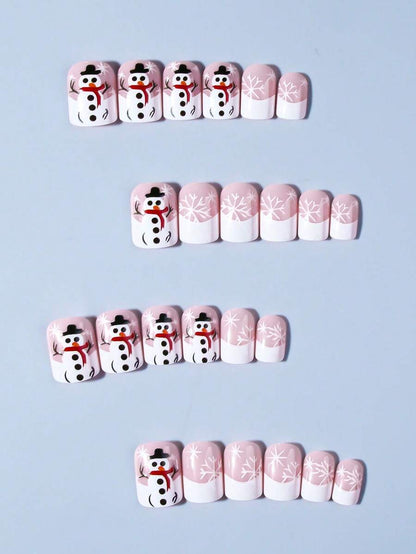 24pcs Christmas Press-On Nails, Short Square Snowman Design with Glitter French Tips, Acrylic False Nail Set with Jelly Glue & File for Holiday Wear