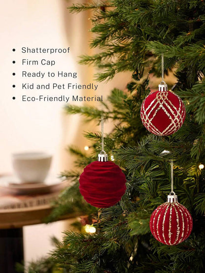 9pcs Green Velvet Christmas Tree Ball Ornaments, Flocked Painted Shatterproof Hanging Décor for Holiday Trees & Home Display