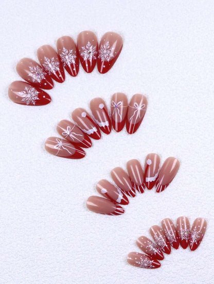 Christmas Long Almond Press On Nails 24pcs, Red French Tips With White Snowflakes And Santa Hat Design, Acrylic False Nails Set For Holiday Or Party