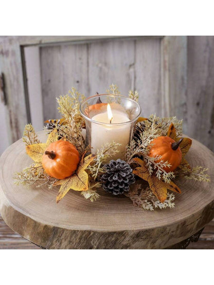 Christmas Candle Ring Holder with Red Flowers, Gold Berries & Greenery, Holiday Table Centerpiece