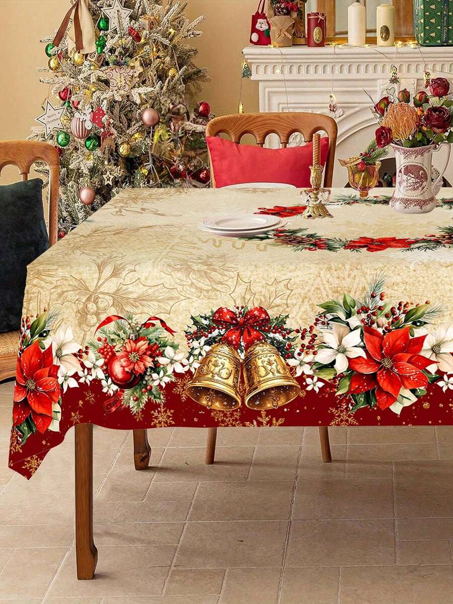 Festive Christmas Tablecloth with Snowman & Reindeer Wreath Design, Polyester Winter Table Cover for Dining Room & Kitchen Holiday Decor