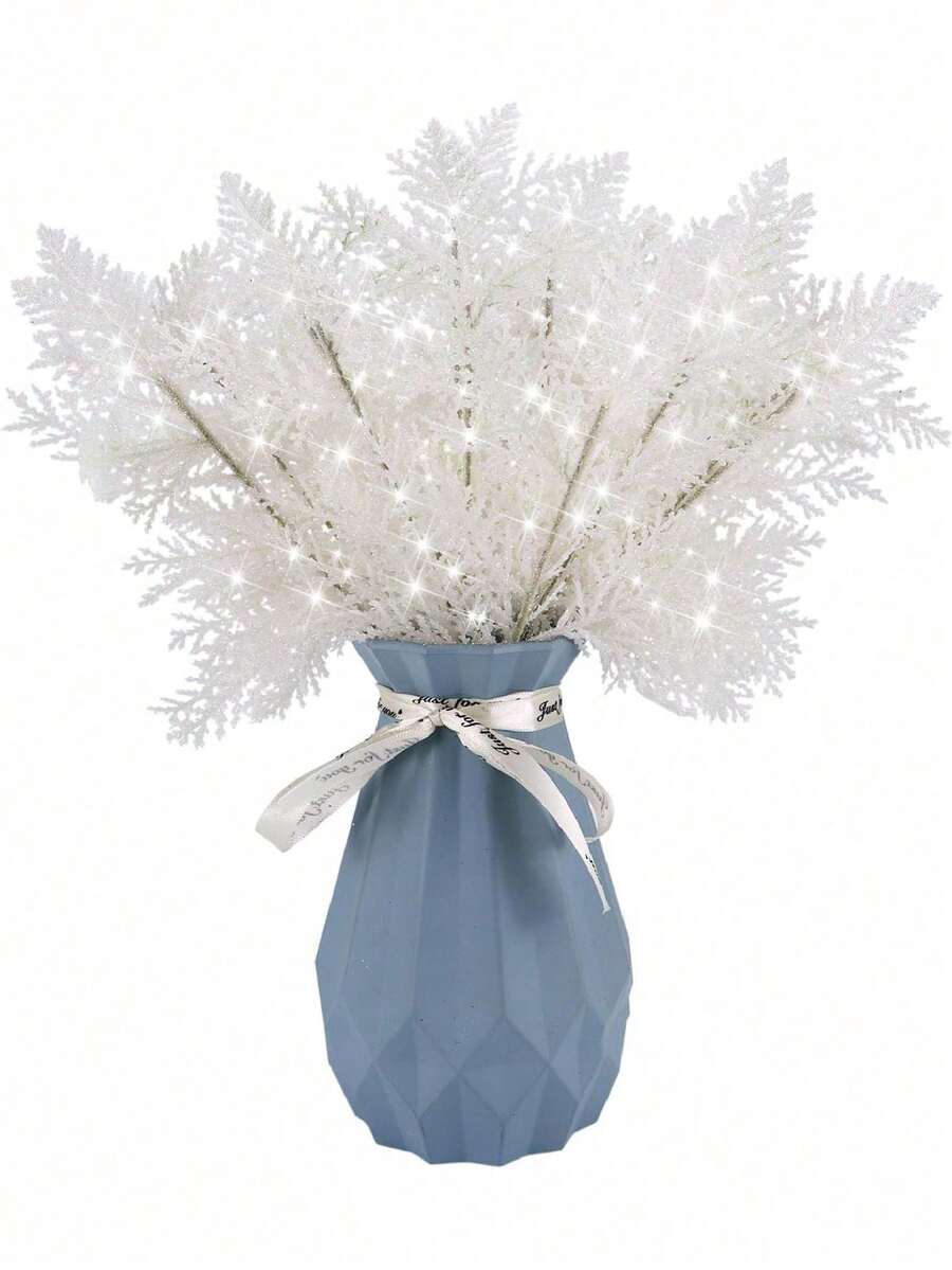 20pcs Glitter Cedar Pine Needles with Sequins, Artificial Blue and Pink Leaves for DIY Garlands, Wedding Bouquets, and Winter Holiday Home Decor