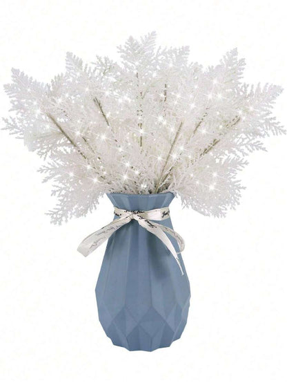 20pcs Glitter Cedar Pine Needles with Sequins, Artificial Blue and Pink Leaves for DIY Garlands, Wedding Bouquets, and Winter Holiday Home Decor