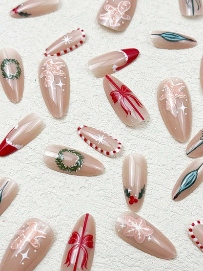 24pcs Almond Christmas Press On Nails, Red Santa Hat Short False Nails, Holiday Nail Set For Women, Office, Date, Party & Everyday Wear
