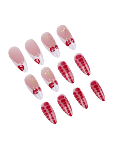 24pcs Long Stiletto French Press On Nails, White Red Cherry Pattern With 3D Bow And Pearl Decor, Romantic Bling Nail Set For Party Look