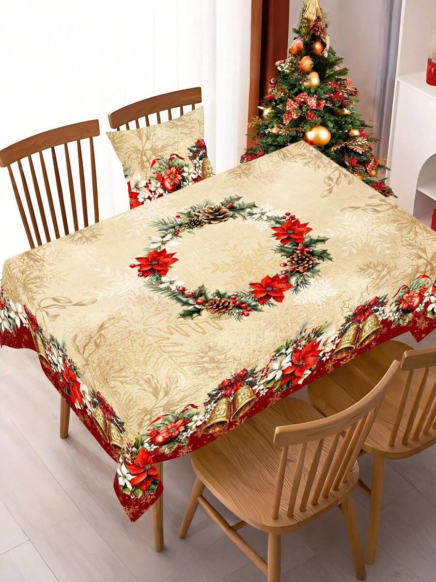 Festive Christmas Tablecloth with Snowman & Reindeer Wreath Design, Polyester Winter Table Cover for Dining Room & Kitchen Holiday Decor