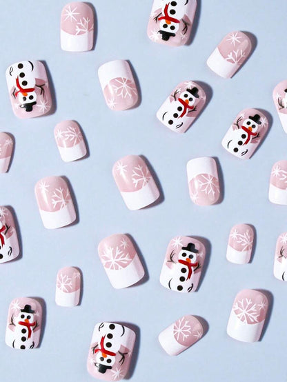 24pcs Christmas Press-On Nails, Short Square Snowman Design with Glitter French Tips, Acrylic False Nail Set with Jelly Glue & File for Holiday Wear