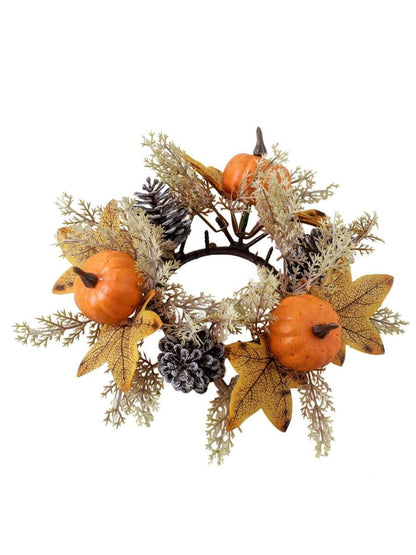 Christmas Candle Ring Holder with Red Flowers, Gold Berries & Greenery, Holiday Table Centerpiece