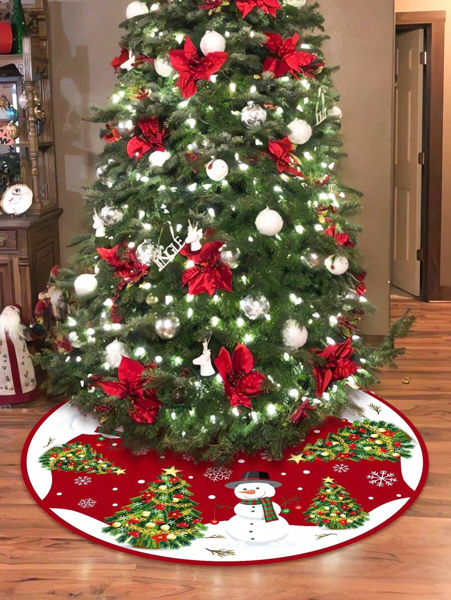 Red & Black Plaid Christmas Tree Skirt, Snowflake Pattern Round Tree Mat, Soft Decorative Base Cover for Living Room & Winter Holiday Home Decor