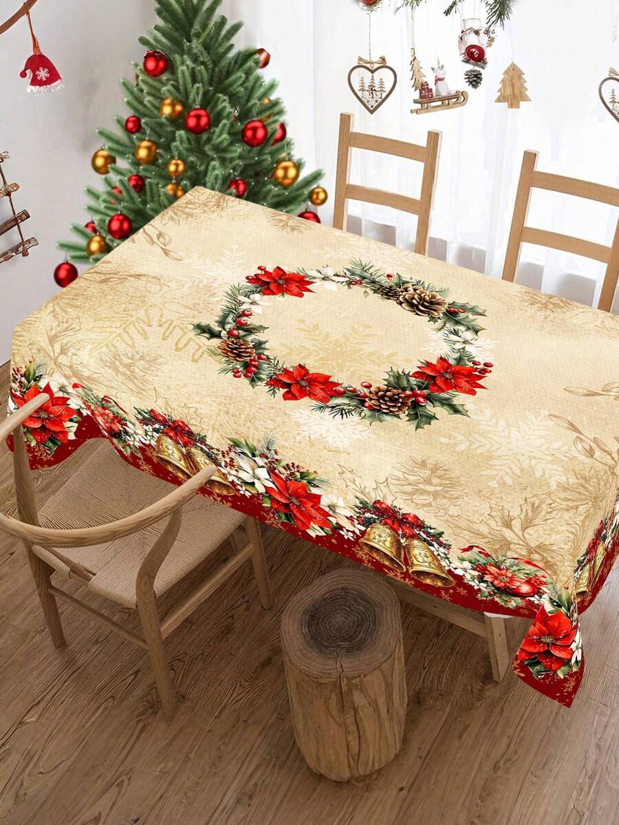 Festive Christmas Tablecloth with Snowman & Reindeer Wreath Design, Polyester Winter Table Cover for Dining Room & Kitchen Holiday Decor