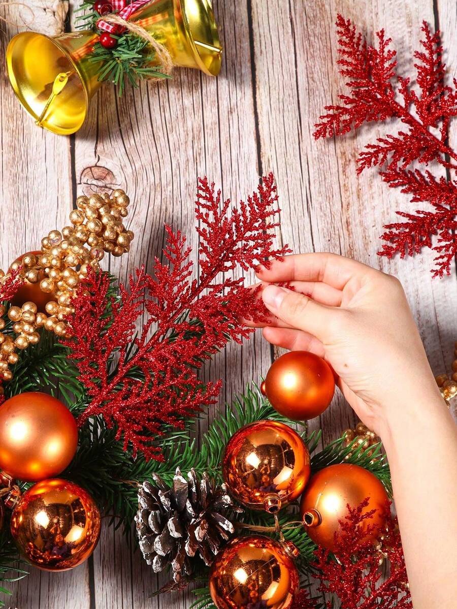 20pcs Glitter Cedar Pine Needles with Sequins, Artificial Blue and Pink Leaves for DIY Garlands, Wedding Bouquets, and Winter Holiday Home Decor