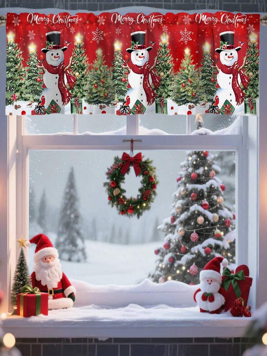 Santa Claus & Snowman Christmas Curtain Valance, 1–2 Piece Polyester Window Decor with Rod Pocket for Kitchen, Living Room or Bedroom