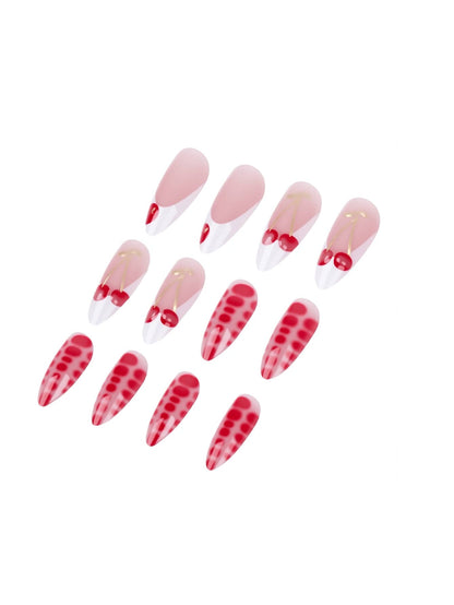 24pcs Long Stiletto French Press On Nails, White Red Cherry Pattern With 3D Bow And Pearl Decor, Romantic Bling Nail Set For Party Look