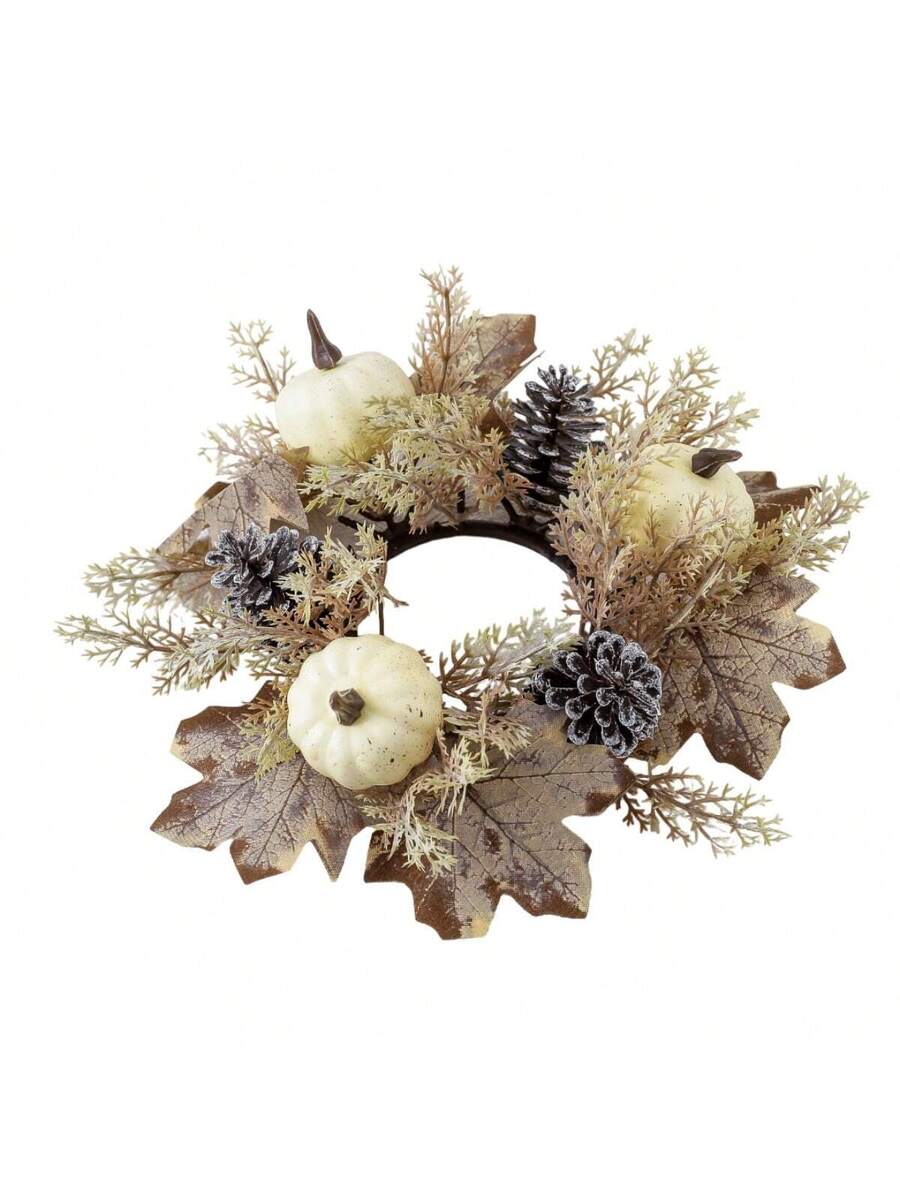 Christmas Candle Ring Holder with Red Flowers, Gold Berries & Greenery, Holiday Table Centerpiece