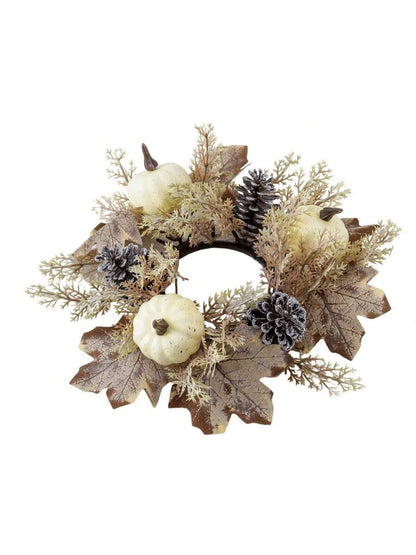 Christmas Candle Ring Holder with Red Flowers, Gold Berries & Greenery, Holiday Table Centerpiece