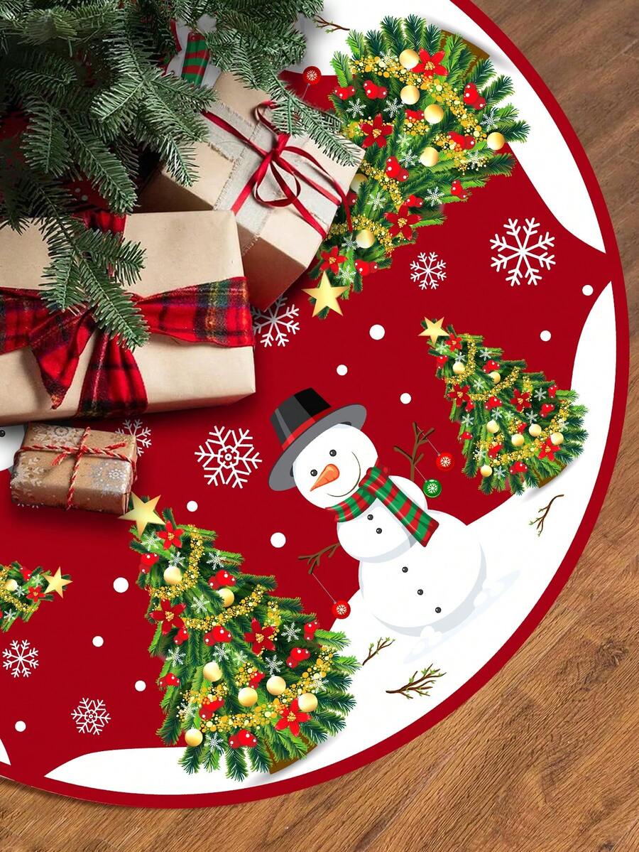Red & Black Plaid Christmas Tree Skirt, Snowflake Pattern Round Tree Mat, Soft Decorative Base Cover for Living Room & Winter Holiday Home Decor