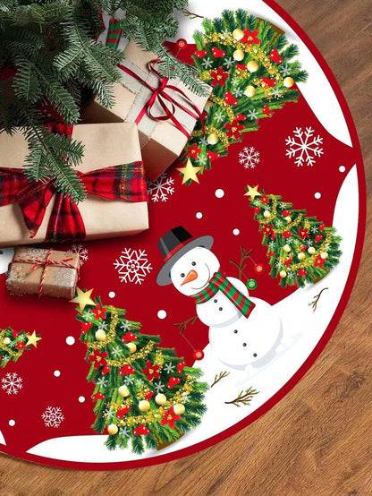Red & Black Plaid Christmas Tree Skirt, Snowflake Pattern Round Tree Mat, Soft Decorative Base Cover for Living Room & Winter Holiday Home Decor