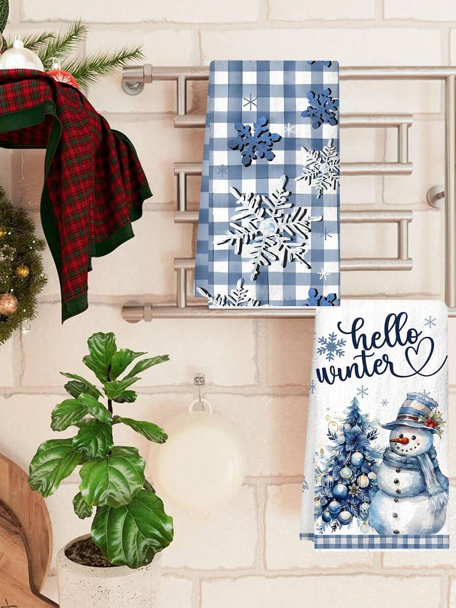 2pcs Christmas Gnome Hand Towels, Red & Black Plaid Microfiber Kitchen & Bathroom Towels, Soft Absorbent Holiday Home Decor