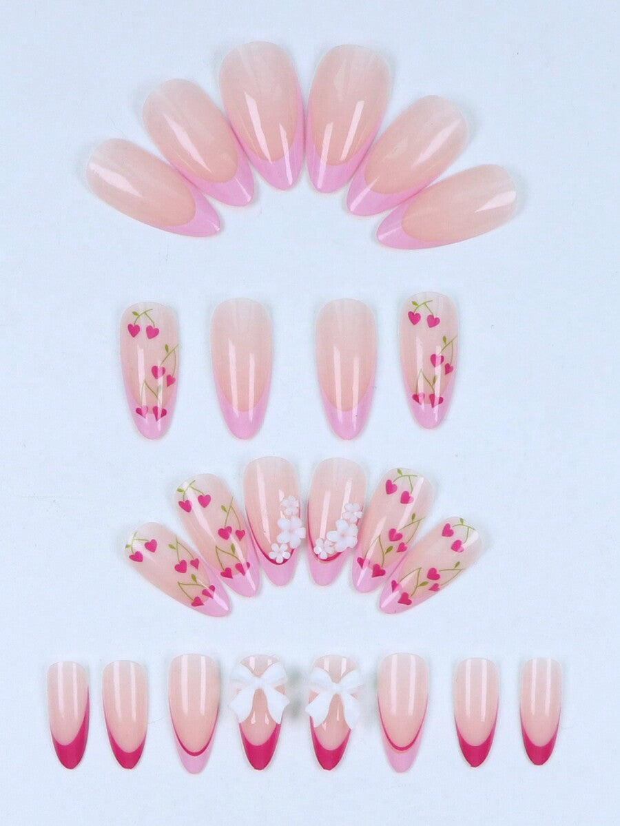 24pcs Long Ballet Christmas Press On Nails, White Snowflakes And Gingerbread Bow Design, 3D Acrylic False Nails For Women Holiday Gift