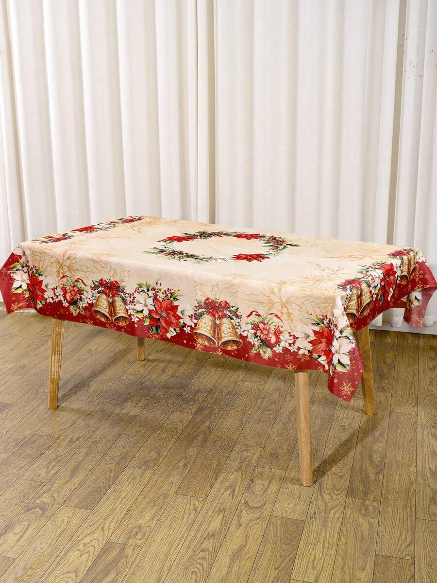 Festive Christmas Tablecloth with Snowman & Reindeer Wreath Design, Polyester Winter Table Cover for Dining Room & Kitchen Holiday Decor