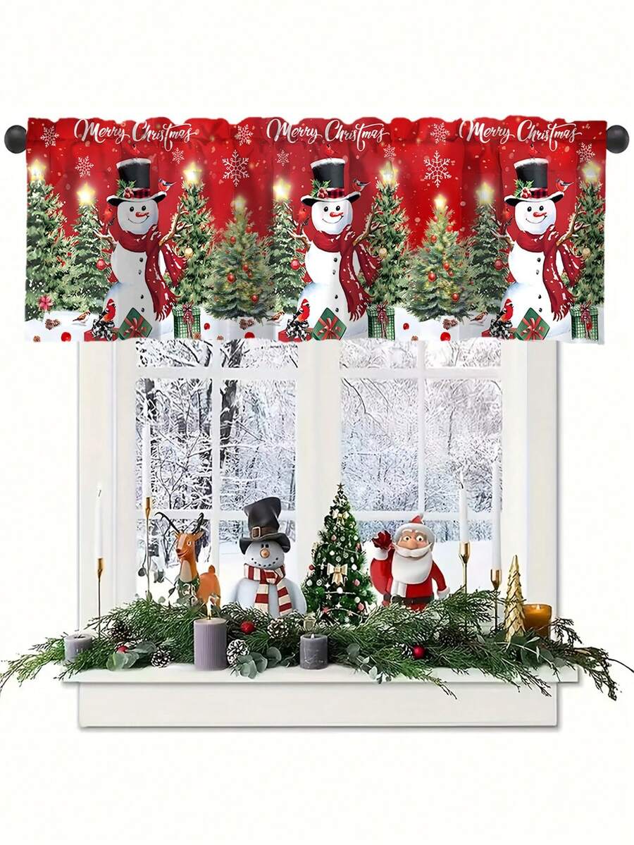 Santa Claus & Snowman Christmas Curtain Valance, 1–2 Piece Polyester Window Decor with Rod Pocket for Kitchen, Living Room or Bedroom