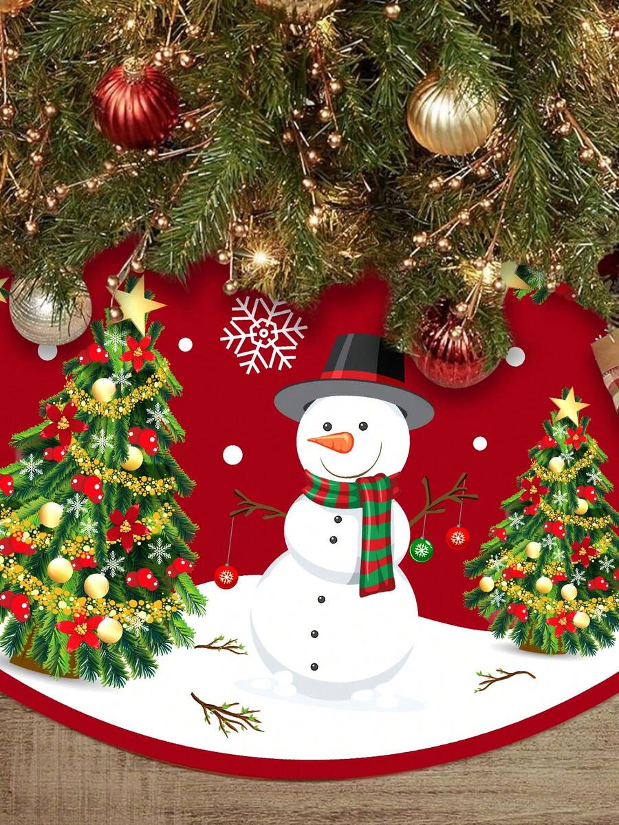 Red & Black Plaid Christmas Tree Skirt, Snowflake Pattern Round Tree Mat, Soft Decorative Base Cover for Living Room & Winter Holiday Home Decor