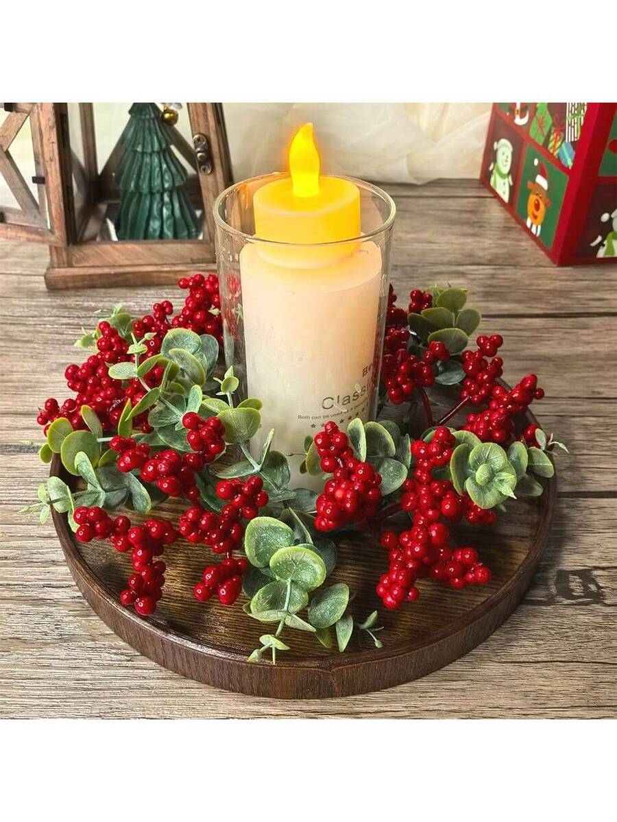 Christmas Candle Ring Holder with Red Flowers, Gold Berries & Greenery, Holiday Table Centerpiece