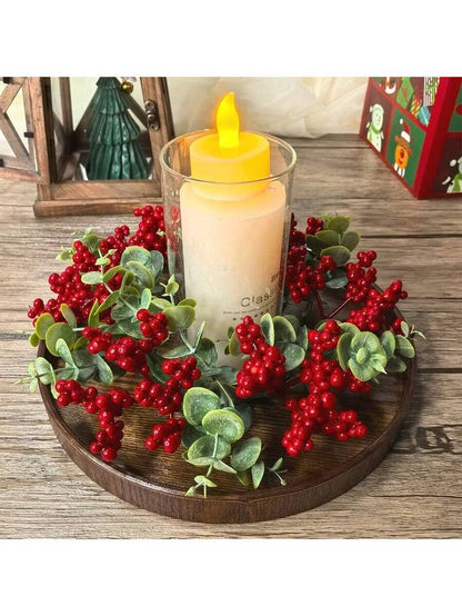 Christmas Candle Ring Holder with Red Flowers, Gold Berries & Greenery, Holiday Table Centerpiece