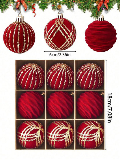 9pcs Green Velvet Christmas Tree Ball Ornaments, Flocked Painted Shatterproof Hanging Décor for Holiday Trees & Home Display