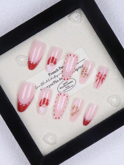Christmas Long Almond Press On Nails 24pcs, Red French Tips With White Snowflakes And Santa Hat Design, Acrylic False Nails Set For Holiday Or Party