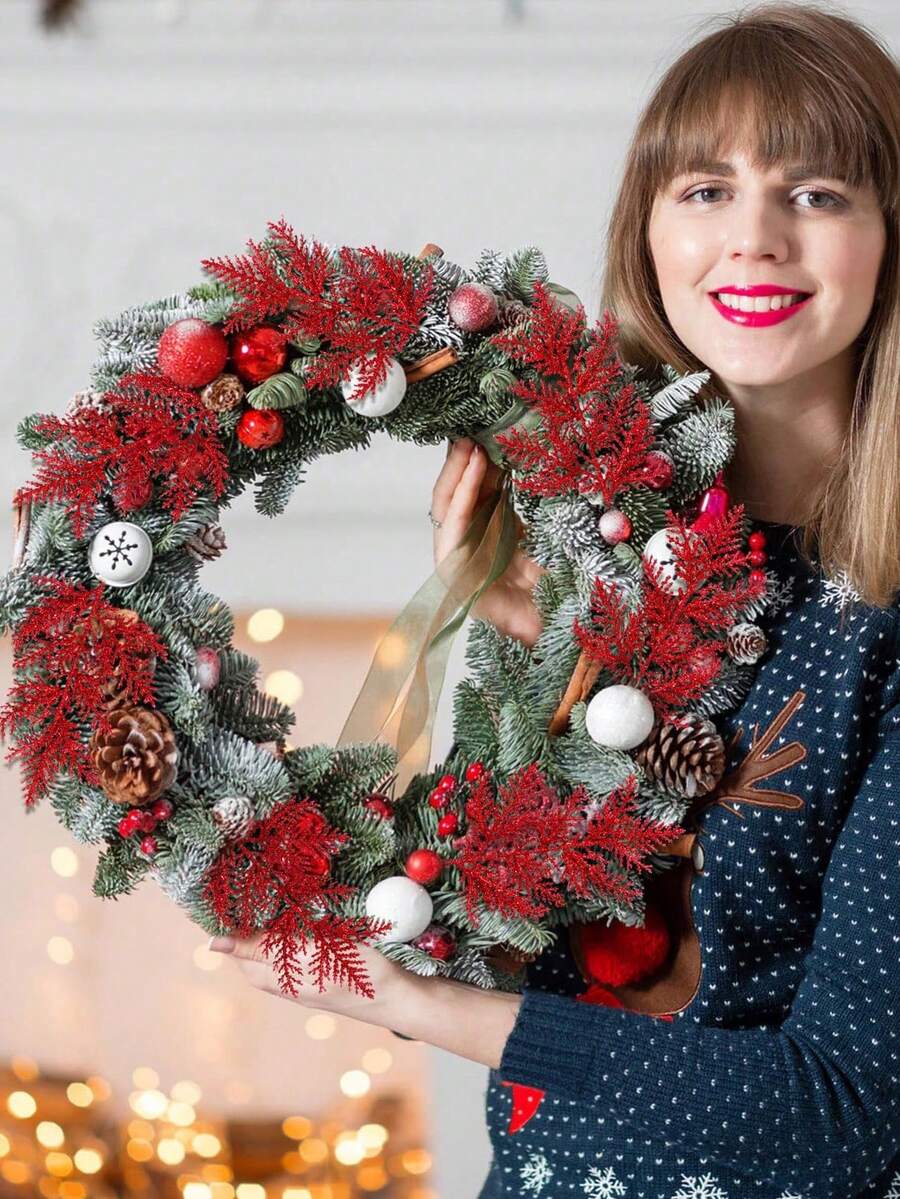 20pcs Glitter Cedar Pine Needles with Sequins, Artificial Blue and Pink Leaves for DIY Garlands, Wedding Bouquets, and Winter Holiday Home Decor